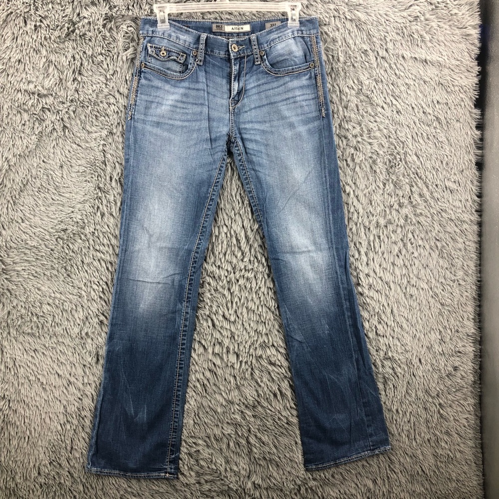 BKE Buckle Jeans Mens 31L Aiden Blue Bootcut Whiskered